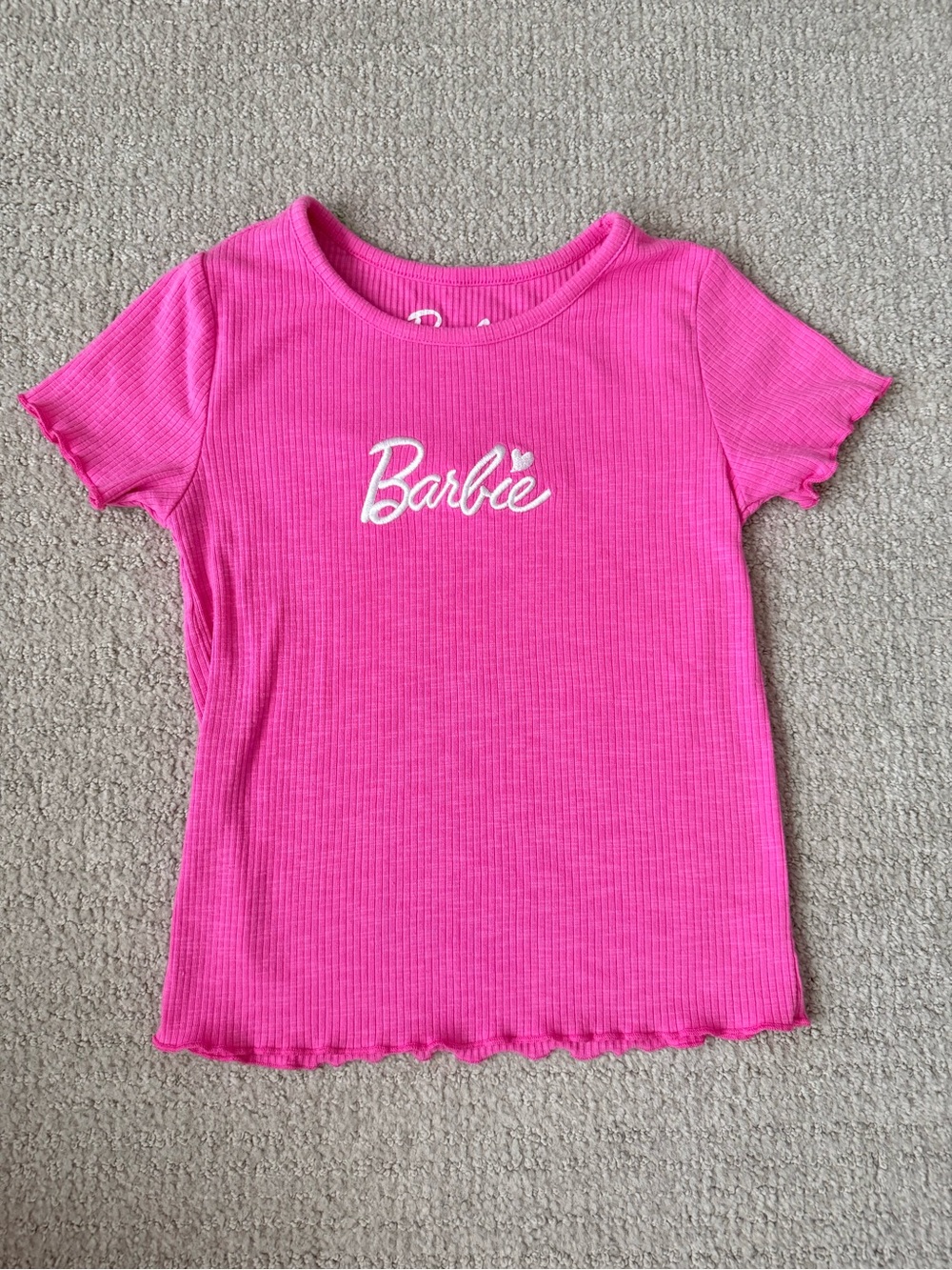 Barbie Pink Ribbed Short Sleeve Tee with White Script Logo